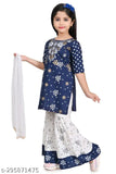Stylish rayon kids kurta Palazzo set with printed A-line tops and palazzos, three-quarter sleeves. Sizes: 3-4Y, 4-5Y, 5-6Y, 6-7Y, 7-8Y, 8-9Y, 9-10Y, 10-11Y, 11-12Y. Made in India