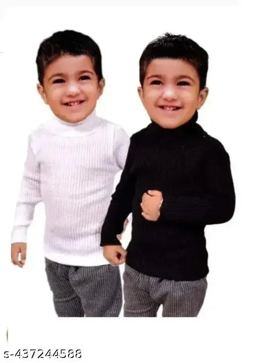 Black and white wool highneck kids pack of 2, solid pattern long sleeves for infants to young children