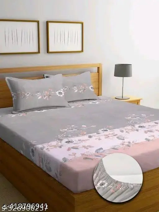 Attractive double fitted cotton linen bedsheet with 2 large pillow covers, elastic fit for up to 8 inches, floral pattern, ideal for adult summer use in three quantities, made by Vishal traders, India
