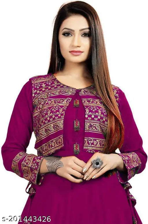 Maroon rayon anarkali kurti jacket, three-quarter sleeves with lace border. Attractive party wear for women (M: 38in bust). Indian-made fashion accessory on display