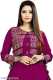 Maroon rayon anarkali kurti jacket, three-quarter sleeves with lace border. Attractive party wear for women (M: 38in bust). Indian-made fashion accessory on display
