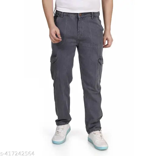Classic blue denim 6-pocket cargo pants with multiple pockets, adjustable ankles. Durable button fly closure." (105 characters)