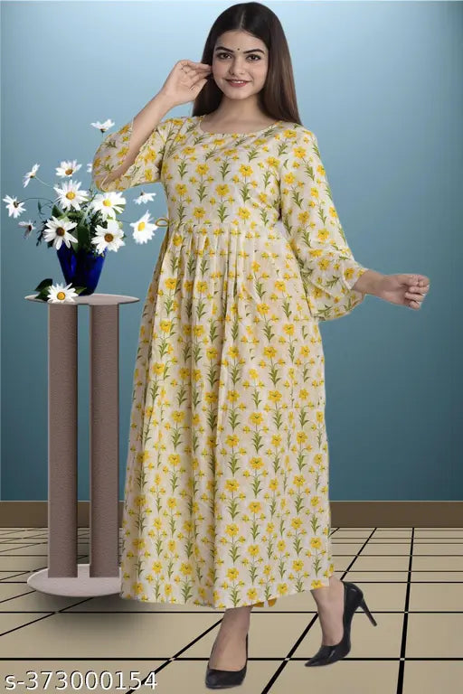 Rayon Jaipuri Sanganeri printed Anarkali kurti/kurta with three-quarter sleeves, vibrant Indian fashion, single size available
