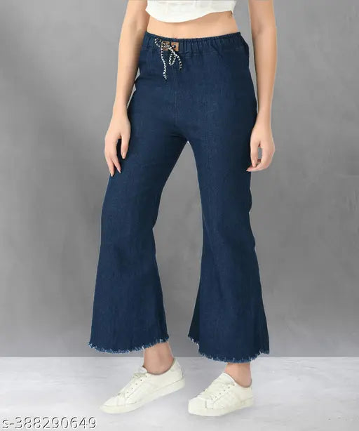 High-waisted dark blue stretchable denim jogger jeans, flared style, women's casual wear