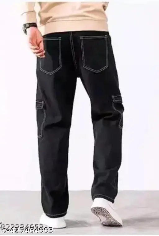 Dark blue denim men's cargo pants with six pockets