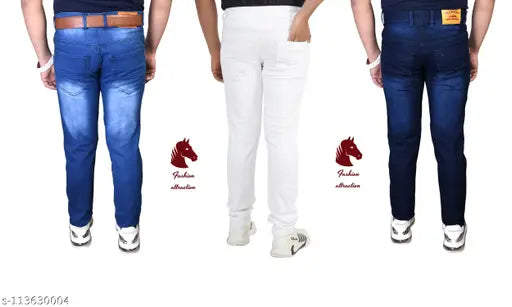 Men's solid denim jeans pack of 3, featuring sizes 28, 30, and 32. Indian-made hard denim trousers for men