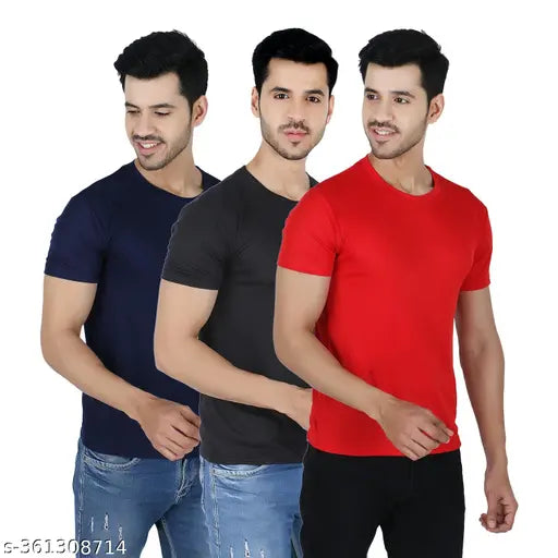 Stylish solid round neck polyester t-shirts pack of 3 for men, featuring sizes S to XXL