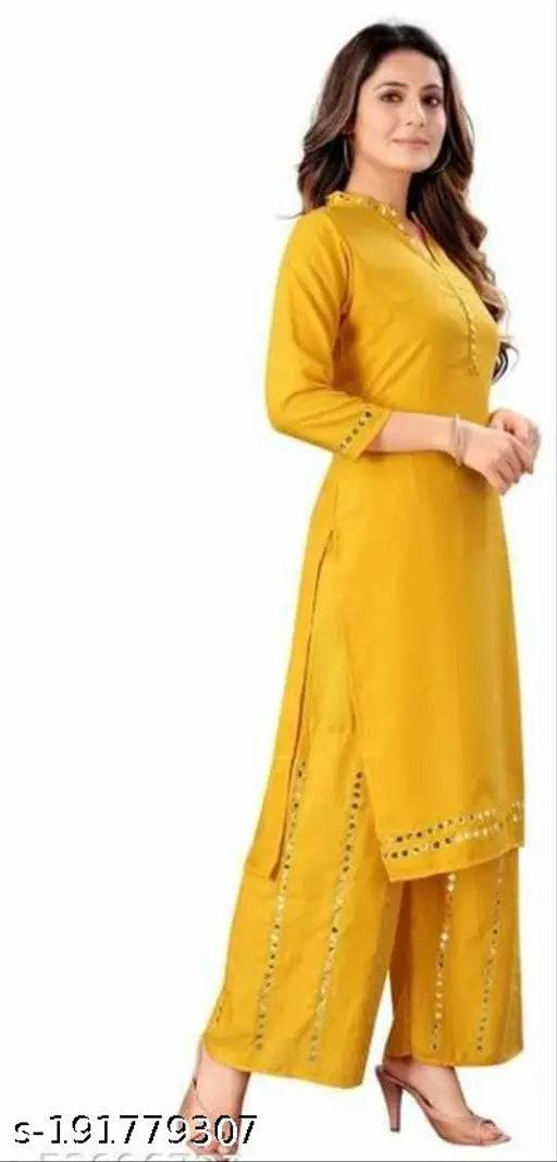Rayon mirror work kurta set with palazzos, solid net, three-quarter sleeves - Indian traditional fashion