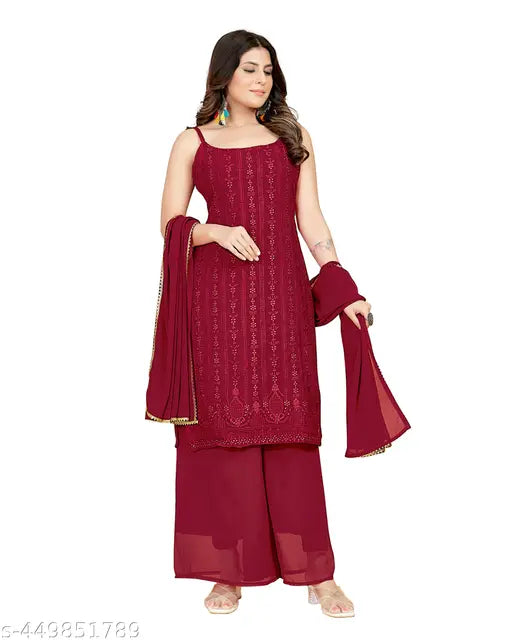 Maroon partywear set, embroidered kameez and lehenga with matching dupatta