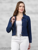 Blue denim jacket for women & girls, solid design with long sleeves, ideal for casual wear or night outs, Indian origin