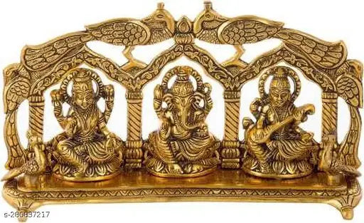 Laxmi Ganesh Sarawati Peacock Metal Frame, Indian handcrafted idol for home, temple, or office gifting, symbolizing luck and happiness. Size: 25*6*15 cm (5.5"x2.5"x11")