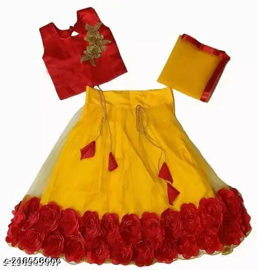 Embroidered satin & net Girls Lehenga Choli Set with Dupatta, vibrant floral patterns, Indian cultural wear for kids aged 2-11