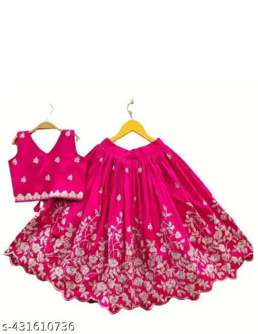 Embroidered taffeta silk kids lengha choli with short sleeves, suitable for festive wear and comfortable for kids, designed in India