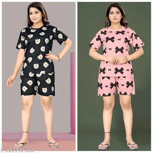 Premium quality women's night suit top & shorts set, printed net polycotton PACK OF 2 PCs, short sleeves, various sizes available (S-XXL)