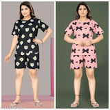 Premium quality women's night suit top & shorts set, printed net polycotton PACK OF 2 PCs, short sleeves, various sizes available (S-XXL)