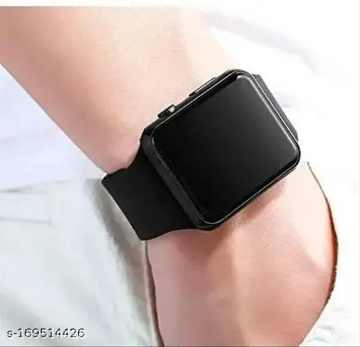 Black digital square LED wristwatch with a black silicone strap and adjustable buckle