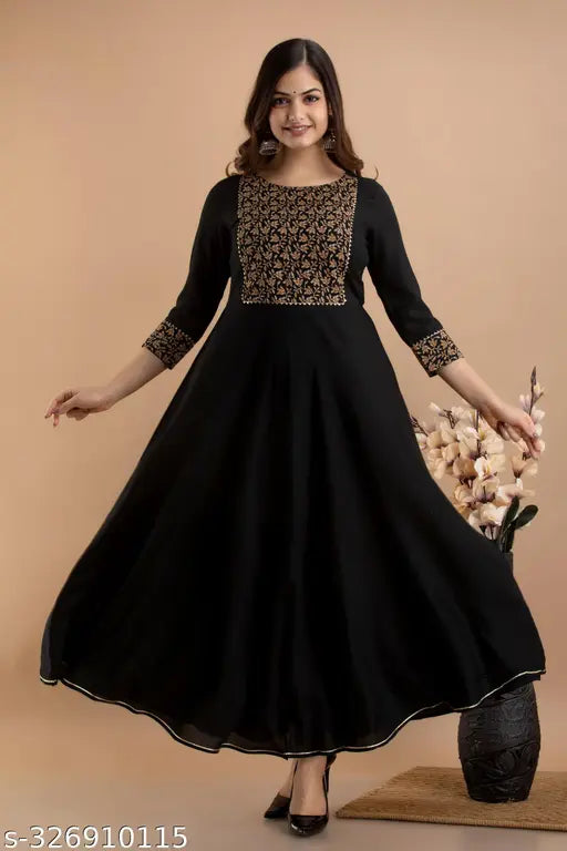 Black Brown Rayon Anarkali Kurta for Women - Ethnic mix of smartness & grace, ideal for daily wear, parties, or weddings. Made in India