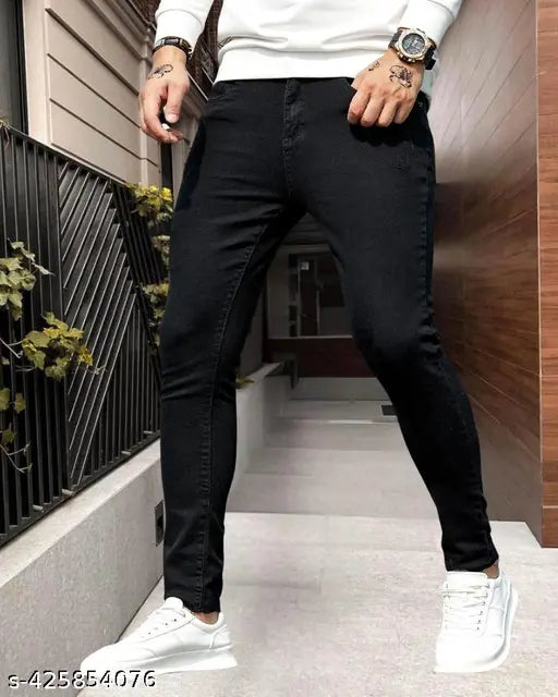 Black denim men's jeans, stylish and comfortable slim fit, mid-rise by Markview. Sizes available: 26 (26 waist, 39 length, 30 hip), 28 (28 waist, 39 length, 32 hip), 30 (30 waist, 39 length, 34 hip), 32 (32 waist, 39 length, 36 hip). Made in India