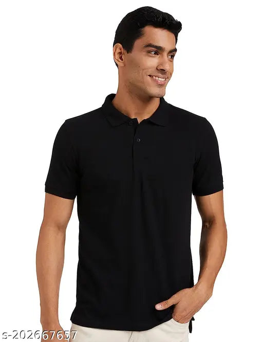Black cotton polo t-shirt for men, half sleeve, collared neck, durable stitching, soft fabric, suitable for all seasons