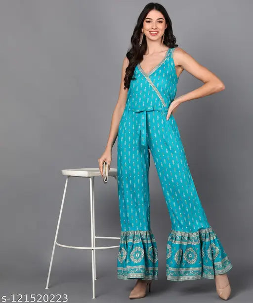 Turquoise blue rayon printed flared jumpsuit by KIPEK - stylish ethnic wear for women