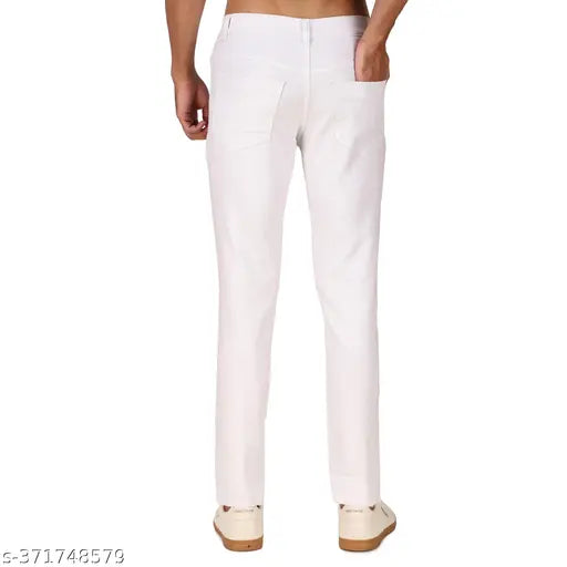 Men's slim mid-rise white polycotton jeans, solid pattern with heavy stitching for quality and comfort. Available in sizes 28, 30, 32, 34, and 36 (28: 28/39/30, 30: 30/39/32, 32: 32/39/34, 34: 34/39/36, 36: 36/39/38), made in India