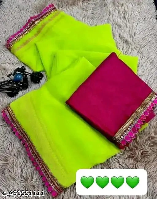 Pink and yellow georgette saree with lace border and embroidery