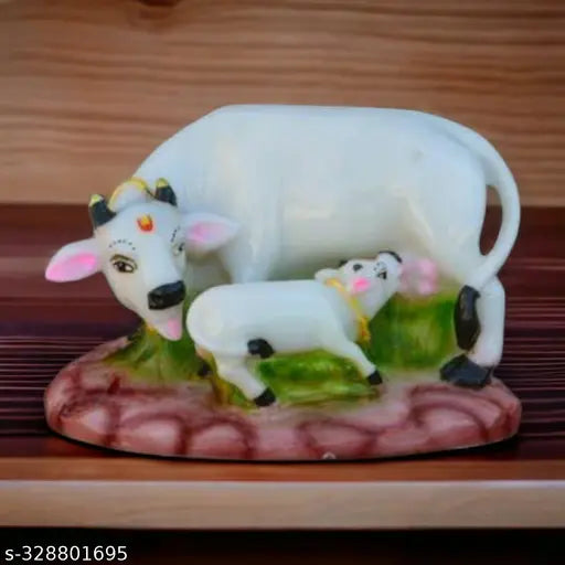 Marble dusty pink cow statue with baby cow, decorative home office item