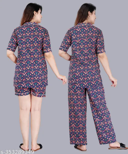 Women's printed blue rayon night suit combo set with short sleeves and pyjamas bottom, rayon top and bottom