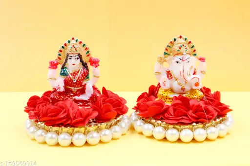 Marble Ganesh Lakshmi Idol set, intricately painted, for Diwali Pooja at home or temple (9 cm x 9 cm x 9 cm, 1 piece)