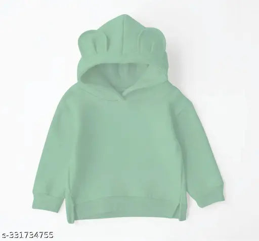 Solid uniex fleece full sleeve cotton hoodies for kids, biowashed with ear flaps and no pockets. Indian-made, available in various sizes from 1-12 years