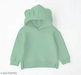 Solid uniex fleece full sleeve cotton hoodies for kids, biowashed with ear flaps and no pockets. Indian-made, available in various sizes from 1-12 years