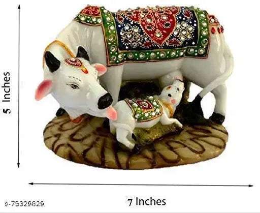 Handcrafted Marble Dust resin Kamdhenu cow and calf statue, traditional spiritual home decor with a touch of royal elegance