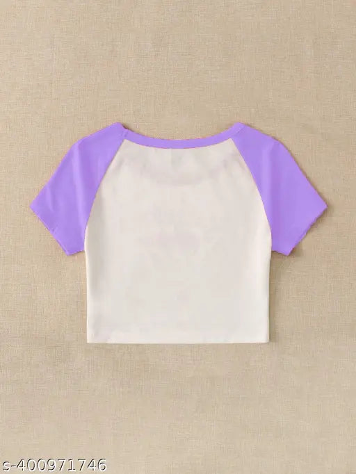 Printed lavender purple and white cotton crop top for women, girls, ladies by istyle. Solid, short sleeves, raglan sleeve design