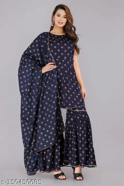 Womens navy blue sharara outfit, dupatta included, long sleeve, embroidered design