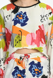 Retro polyester pink-white women's top & bottom set, long sleeves, crop top & abstract print shorts, comfortable nightwear from India