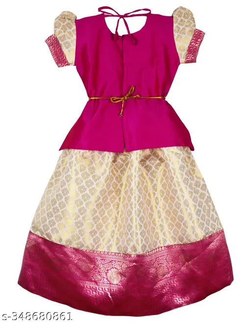 Silk Lehenga Choli Set for Kids, embellished with lace work, perfect for traditional South Indian occasions like Ugadi, Mysuru Dasara, or wedding