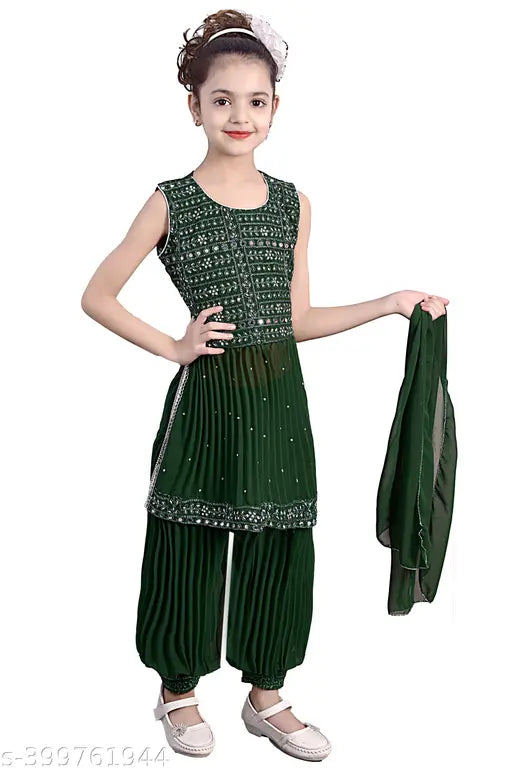 Embellished Georgette kurta with dupatta and bottomwear for kids, featuring sleeveless design in various sizes from 3-15 years. Indian origin