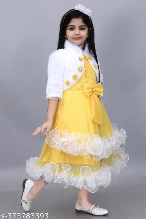 Yellow floral embroidered ruffled knee-length dress with a beige or cream waist band