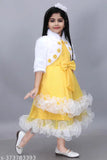 Yellow floral embroidered ruffled knee-length dress with a beige or cream waist band