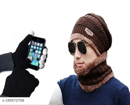 Black woolen 3-piece winter set (beanie, scarf, gloves): chunky acrylic knit with fur lining for men & women