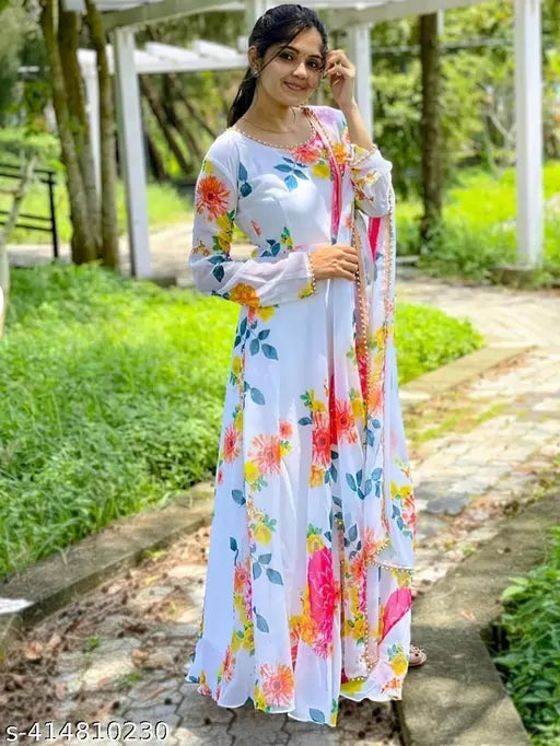 Georgette, floral printed A-line western dress for girls, full-length, trendy and traditional, India origin