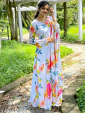 Georgette, floral printed A-line western dress for girls, full-length, trendy and traditional, India origin