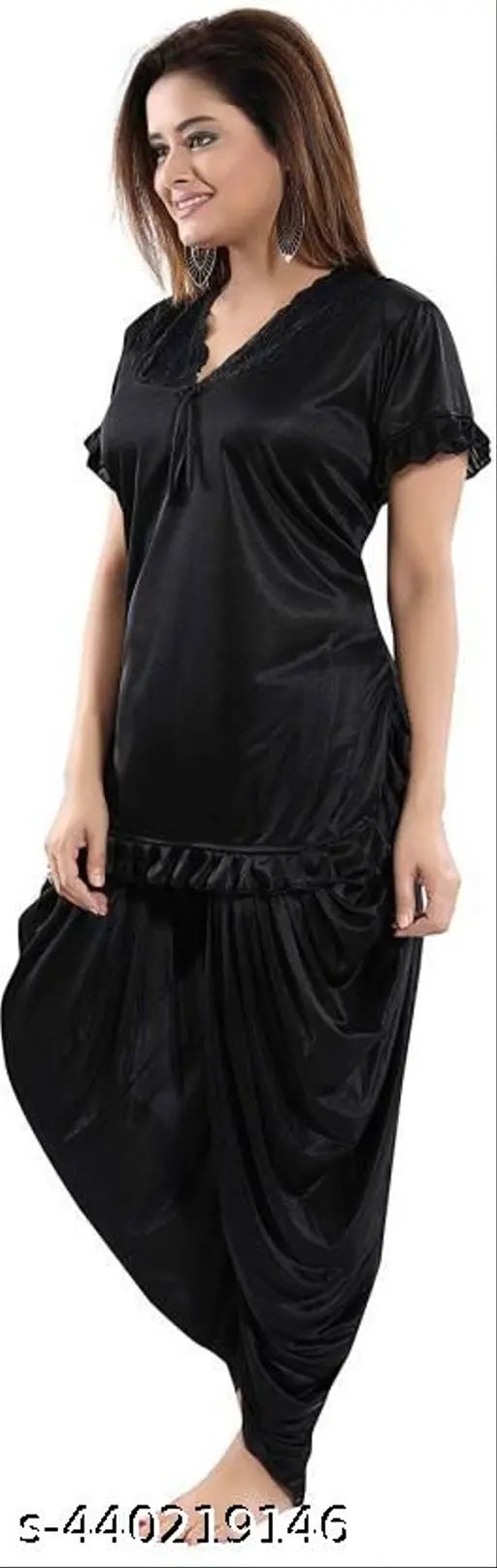 Black satin solid night suit set: Patiala top & pyjama for women and girls, features adjustable waist ties and wide-leg pants, ideal for comfort and style