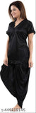 Black satin solid night suit set: Patiala top & pyjama for women and girls, features adjustable waist ties and wide-leg pants, ideal for comfort and style