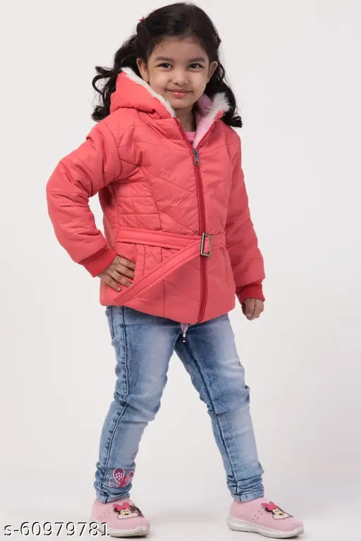 Peach quilted girls jacket with regular fit, zip closure
