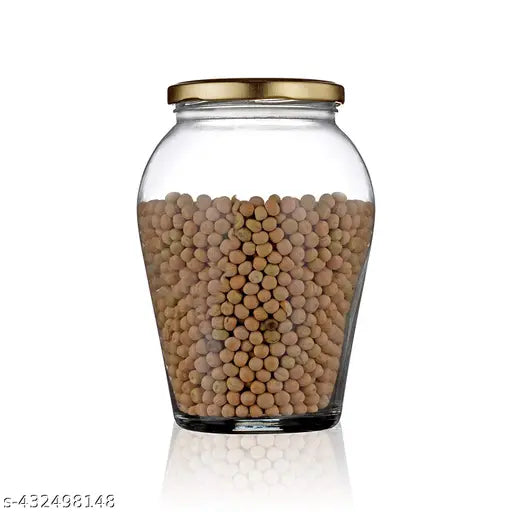 Glass jar, 1L, golden lid, transparent, for food storage.