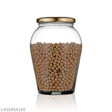 Glass jar, 1L, golden lid, transparent, for food storage.