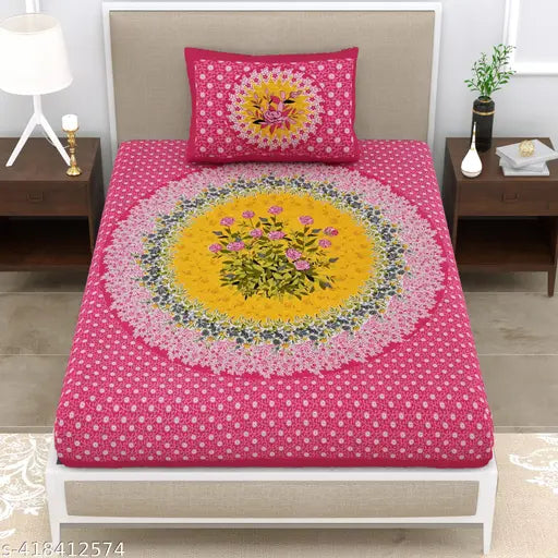 Jaipuri single cotton bedsheet, fine ethnic motifs on summer flat sheets for adults, ideal for home use in the warm season