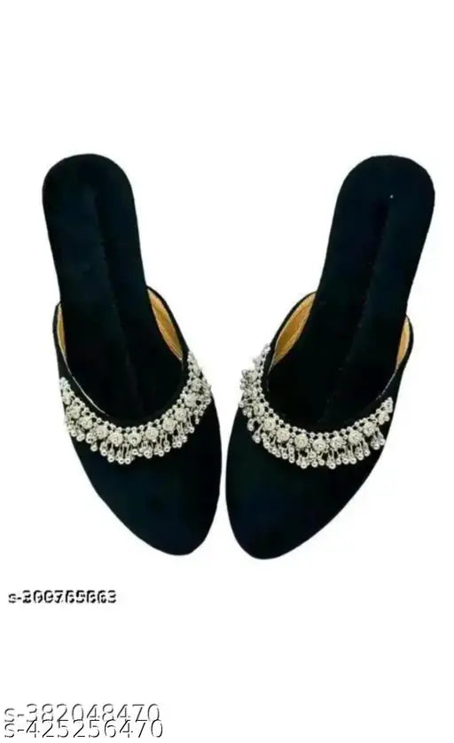 Velvet sole embellished juttis and mojris for women, ankle loop net fastening, India origin, size IND-4 to IND-9 available