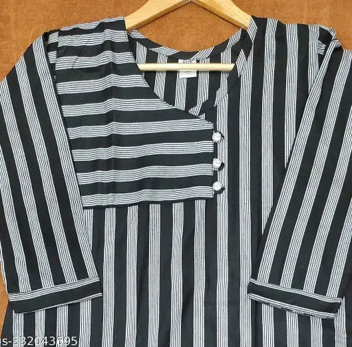 Striped three-quarter sleeve cotton kurti for women, single size options available from S to XXXL. Made in India